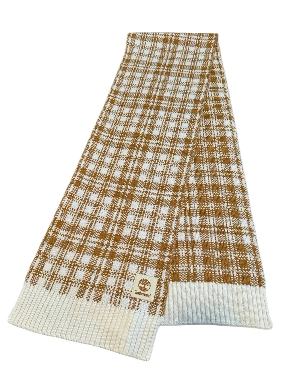 Timberland Plaid Knit Scarf NWT Tan Cream Winter Scarf Unisex Soft Cozy